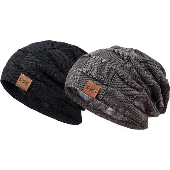 2 Pcs Unisex Winter Beanie Hat Knit Slouchy Thick Skull Cap, Black & Gray main image 5